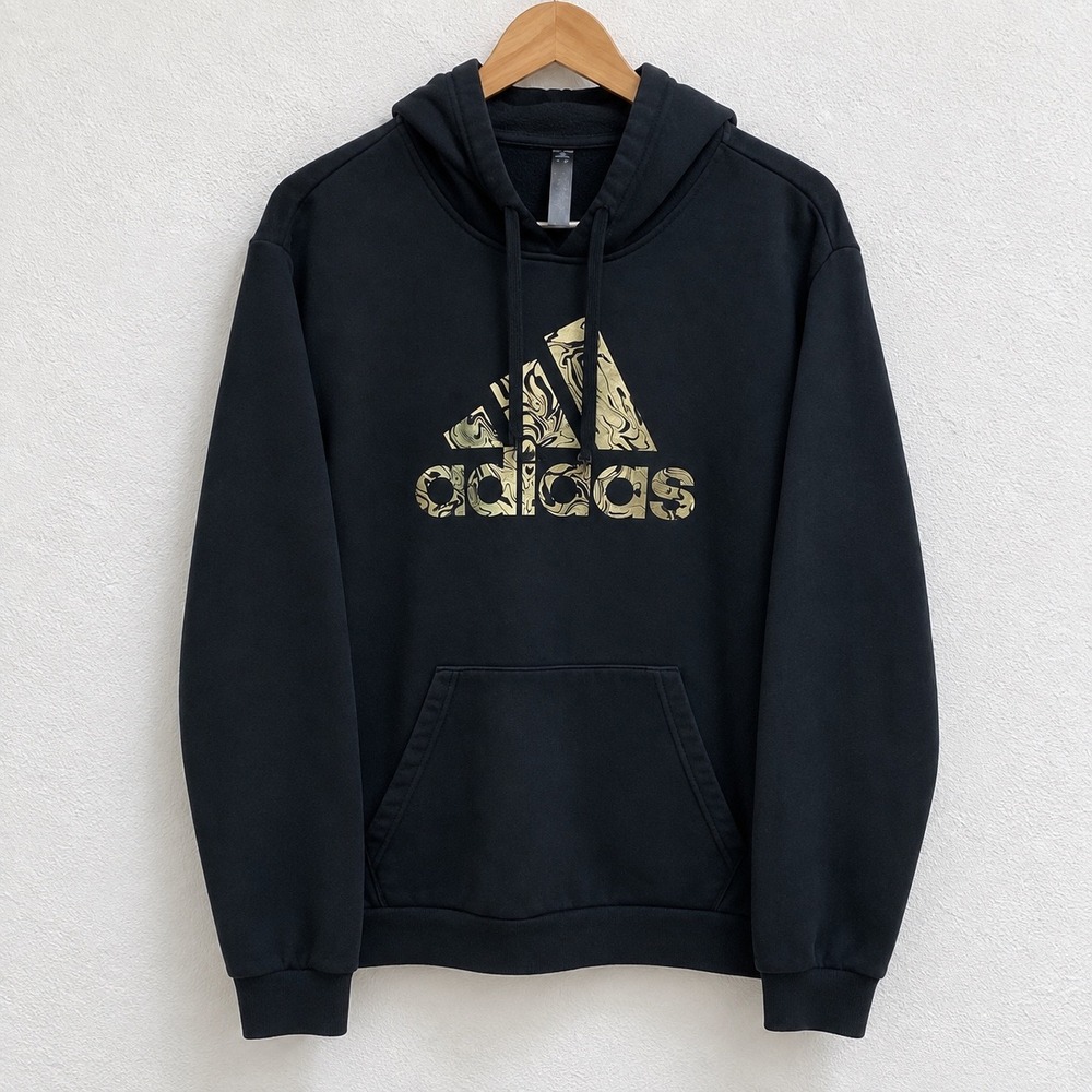 Adidas Womens Hoodie Medium Black Gold Marble Foil Graphic Logo Sweatshirt
